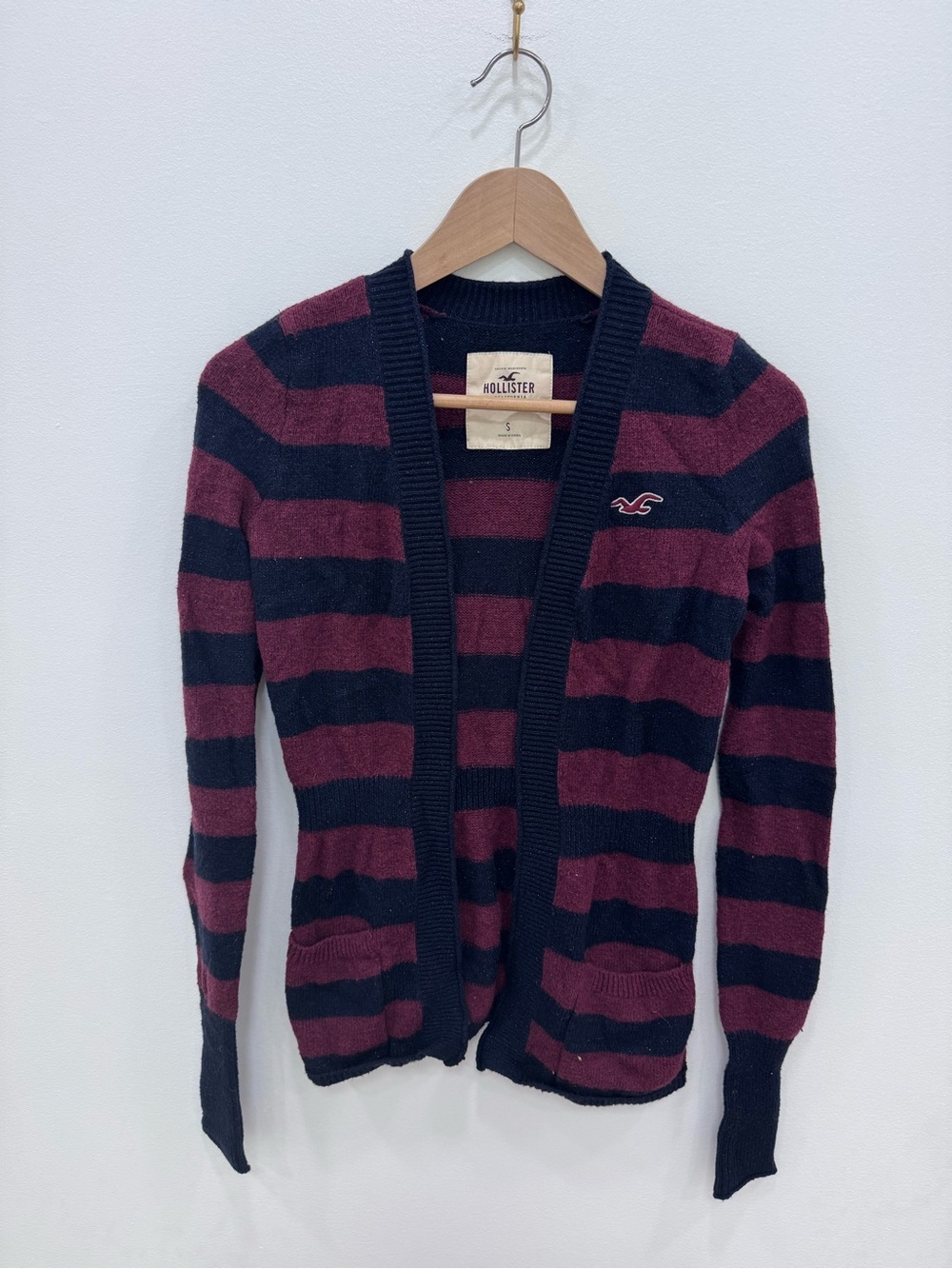 Hollister Y2K Open Front Rugby Style Cardigan Sweater wide striped Small